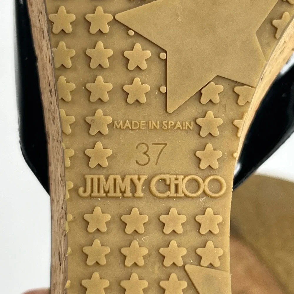 JIMMY CHOO Black Pandora Patent Leather Cork Wedge Platform Sandals 7 (37)